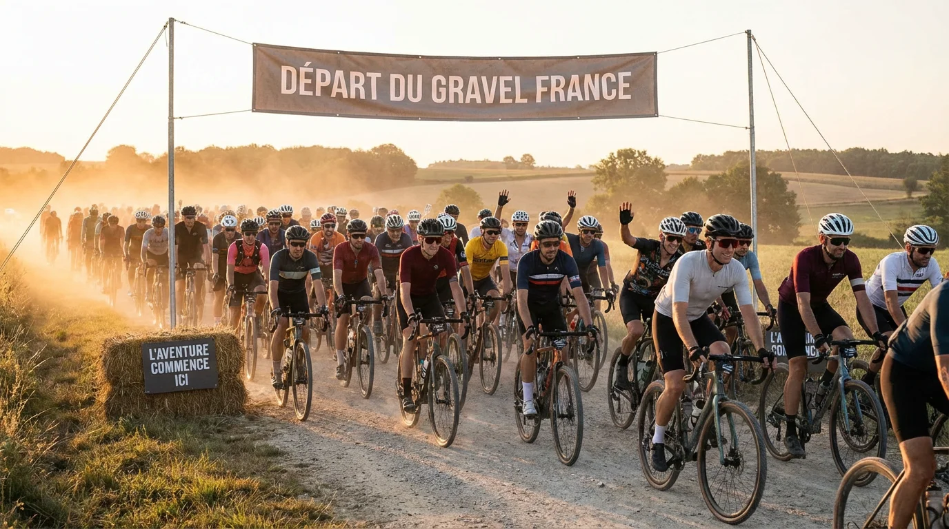 Départ d'une épreuve gravel en France avec un peloton de cyclistes sur chemin