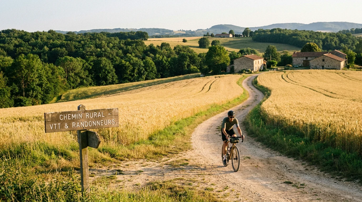 Cycliste sur un chemin gravel à travers la campagne française
