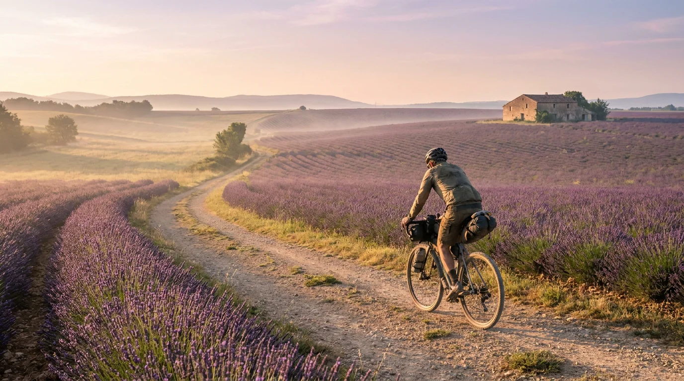 Cycliste en bikepacking sur un vélo gravel traversant un champ de lavande en Provence au lever du soleil
