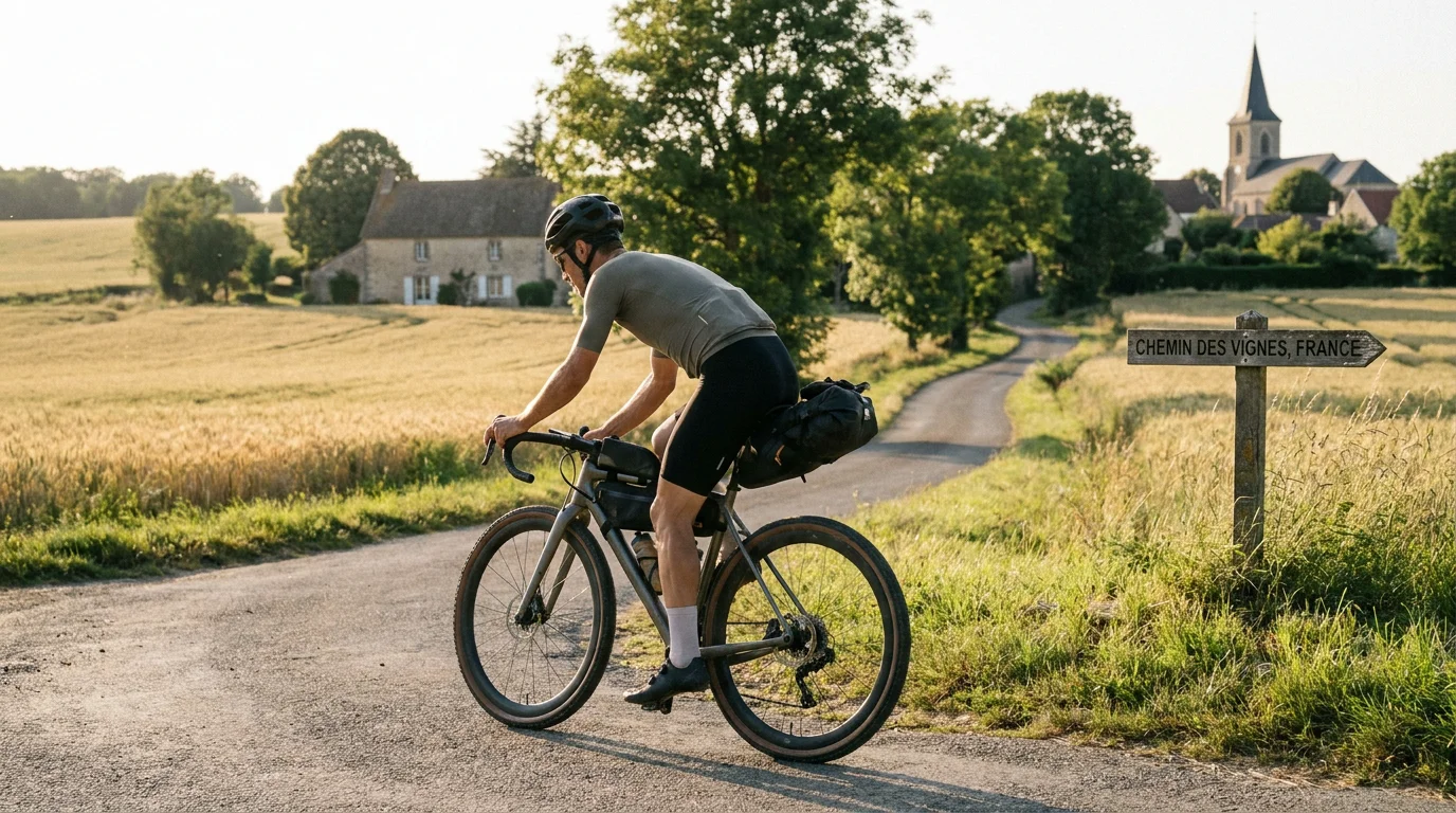 Cycliste débutant roulant sur un chemin de campagne en France sur un vélo gravel