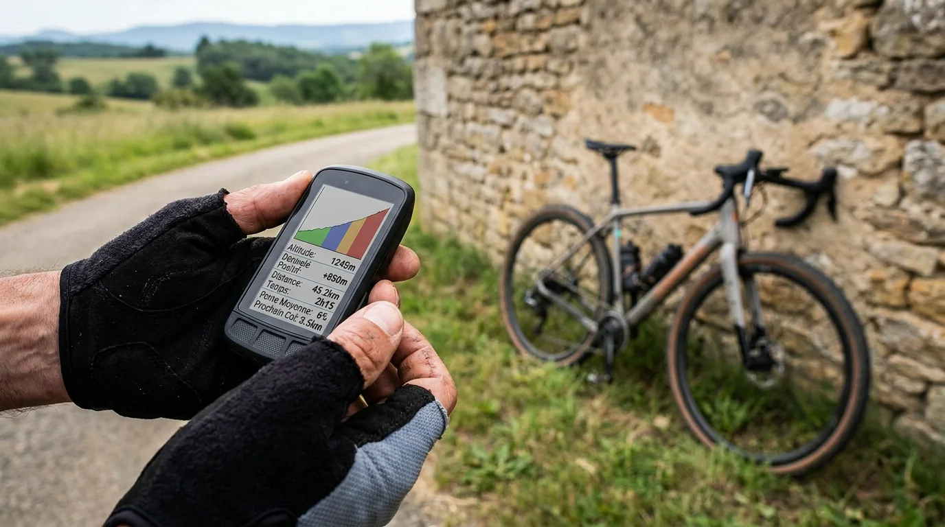 Compteur GPS vélo affichant un profil altimétrique pour le calcul d'itinéraire en vélo électrique