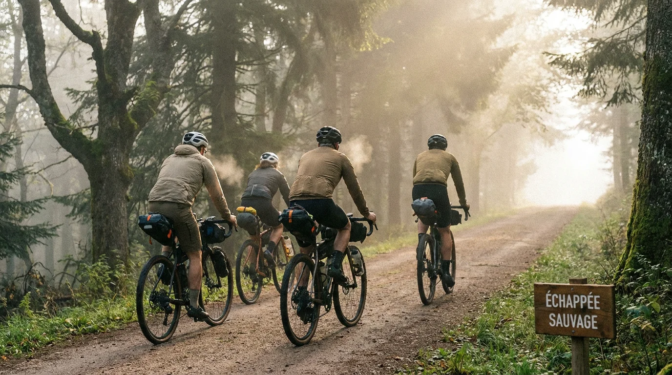 Groupe de cyclistes gravel en bikepacking sur un chemin forestier en France