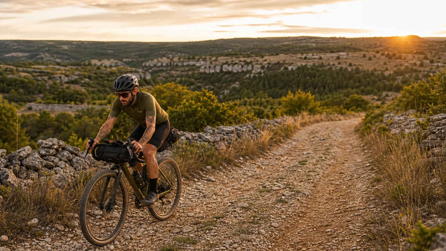 Cycliste en gravel sur un chemin du Causse aveyronnais