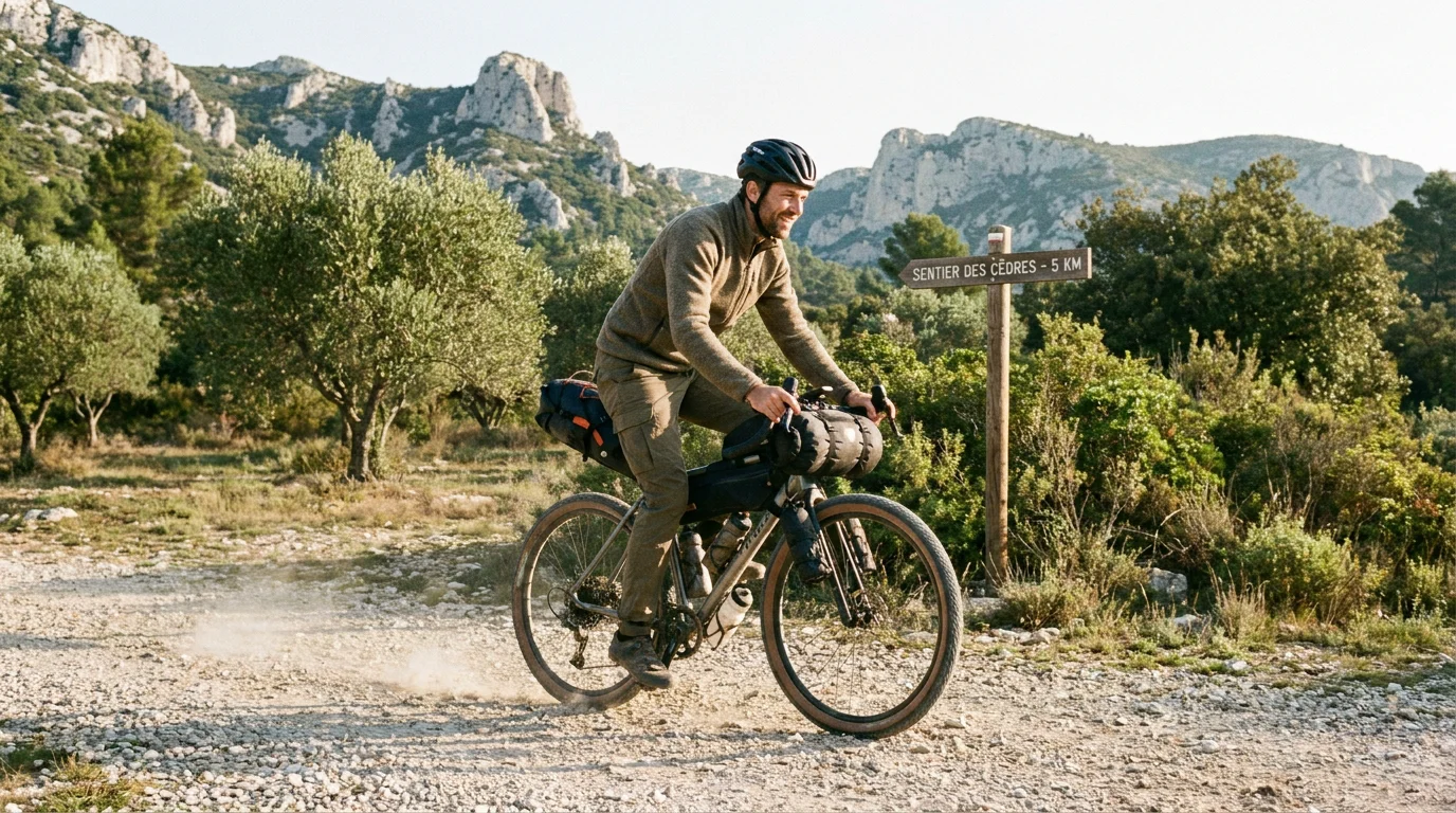 Cycliste en bikepacking sur une piste de gravel en montagne en France
