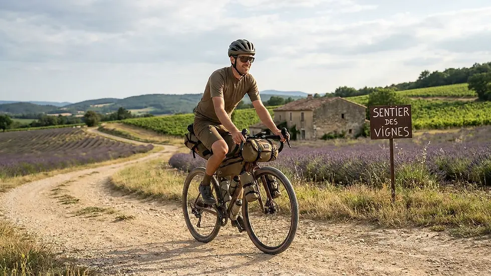 Cyclist bikepacking on a gravel bike on a country path in France