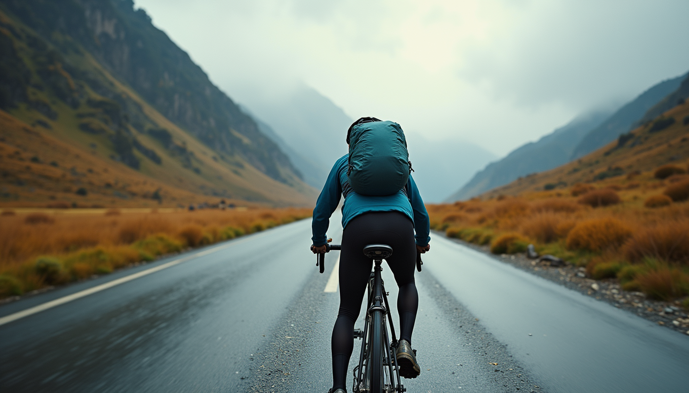 Vue en plongée d’un vélo chargé pour une épreuve de bikepacking