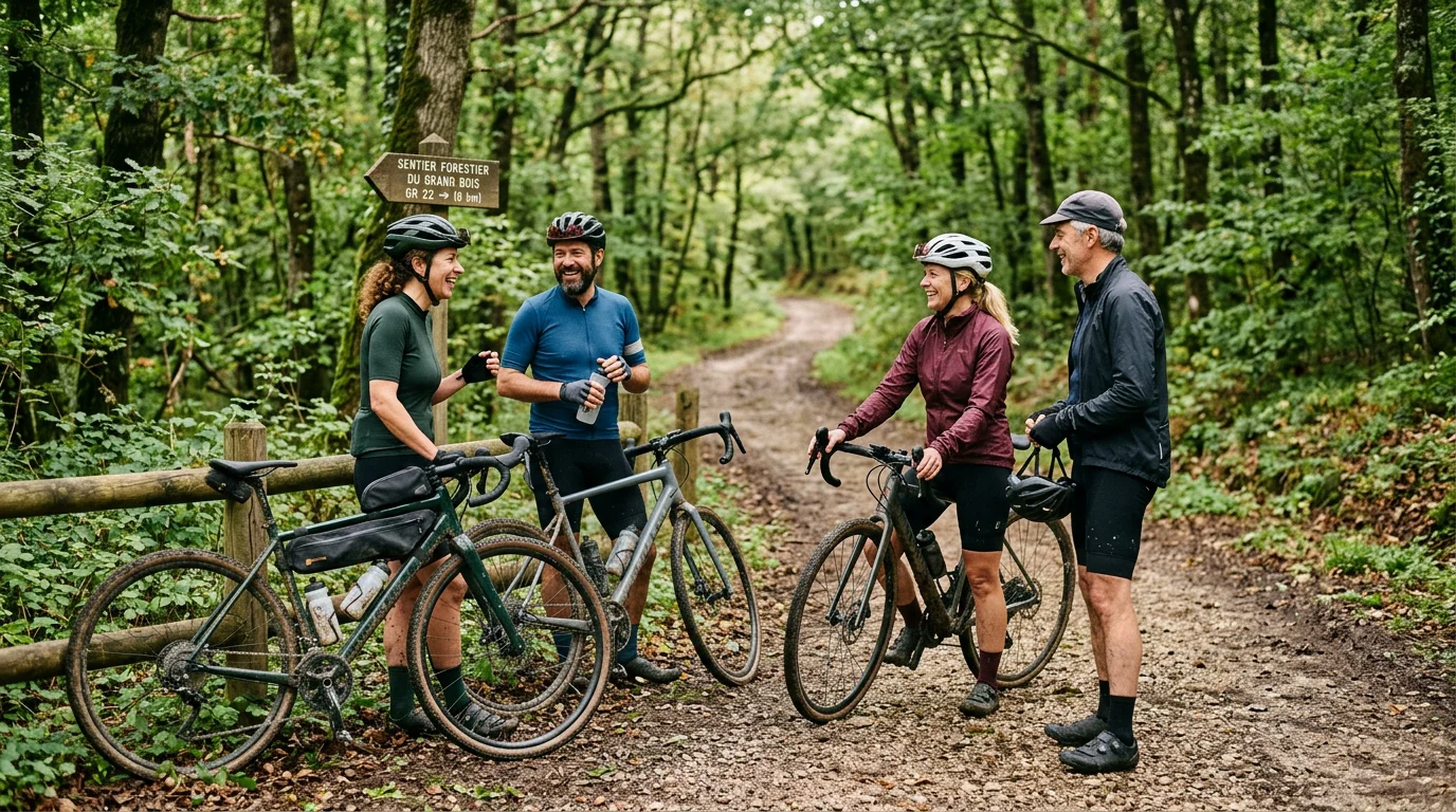 Groupe de cyclistes gravel discutant lors d'une pause sur un sentier forestier
