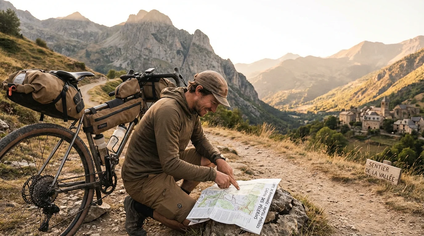 Cycliste en bikepacking consultant une carte sur un sentier de montagne en France