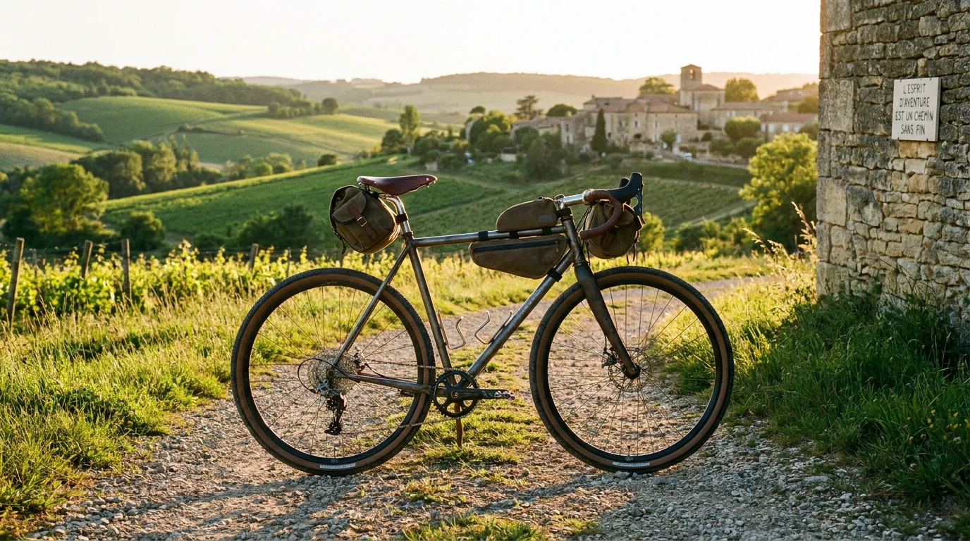 Vélo gravel sur un chemin de gravier en campagne française