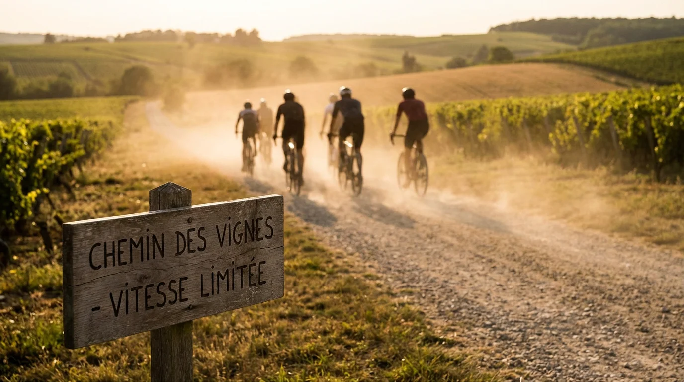 Cyclistes sur un chemin gravel dans la campagne française au soleil couchant