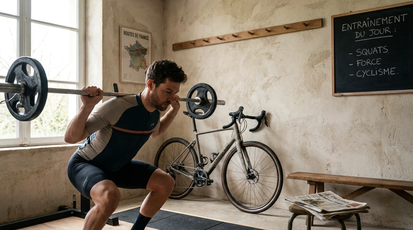 Cycliste réalisant un squat avec barre pour le renforcement musculaire dédié à l'ultradistance à vélo