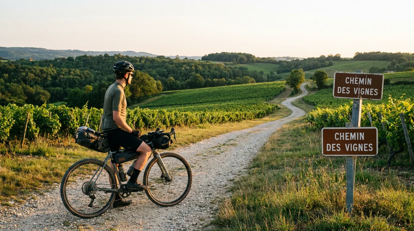 Cycliste en bikepacking sur un chemin de gravier au coucher du soleil dans un paysage français