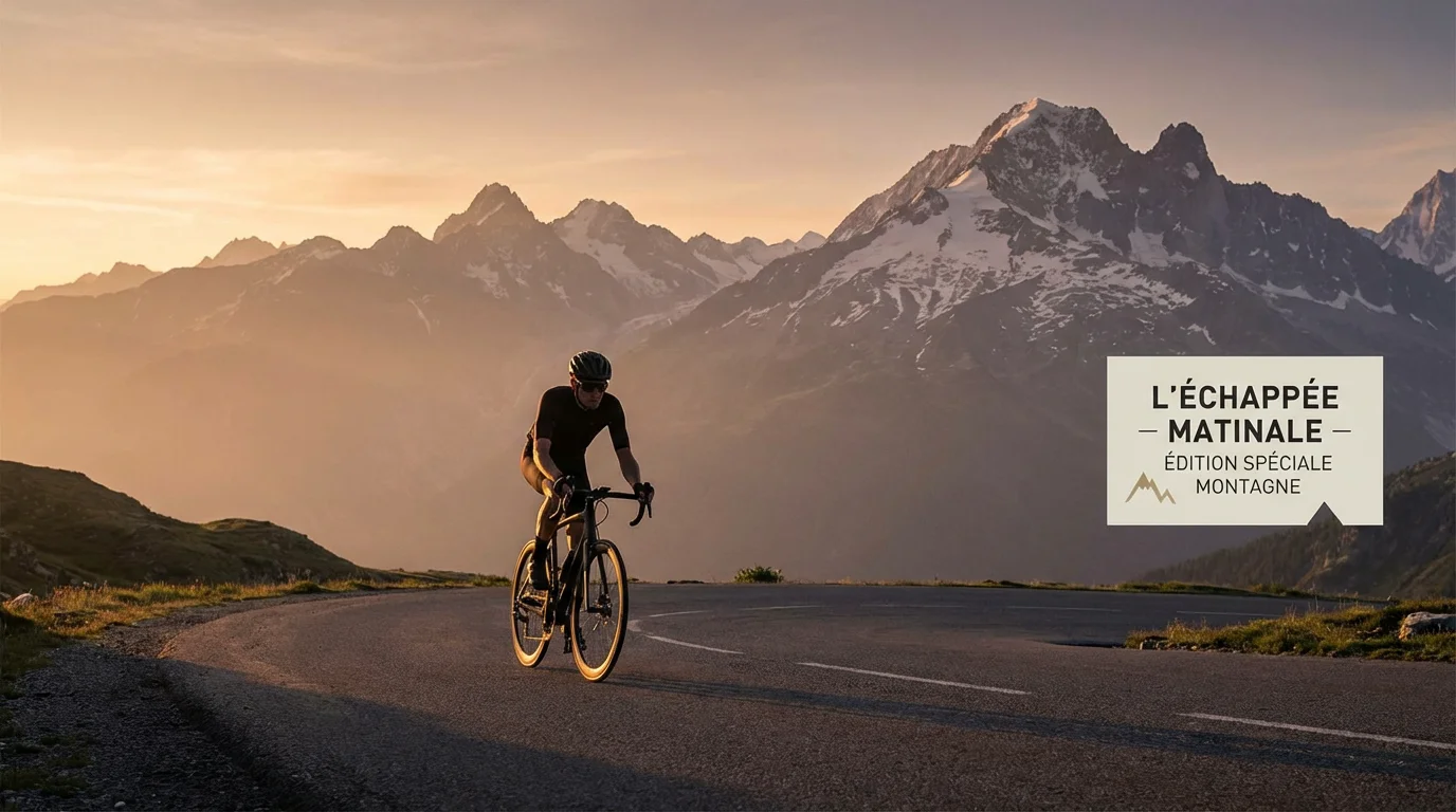 Cycliste solitaire sur une route de montagne au lever du soleil