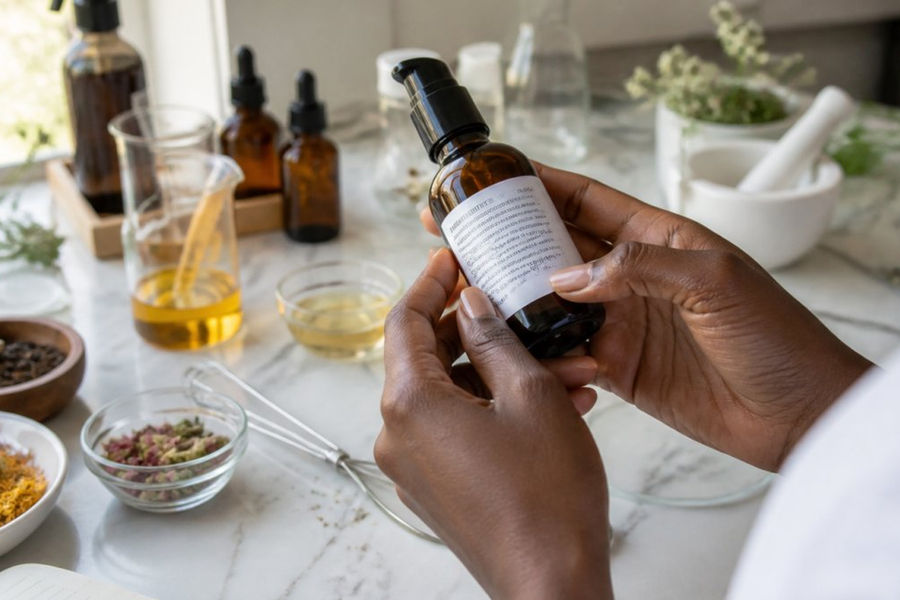 Close-up of a person's hands holding an amber glass skincare bottle, ingredient label facing camera, soft natural window light, blurred marble bench in background