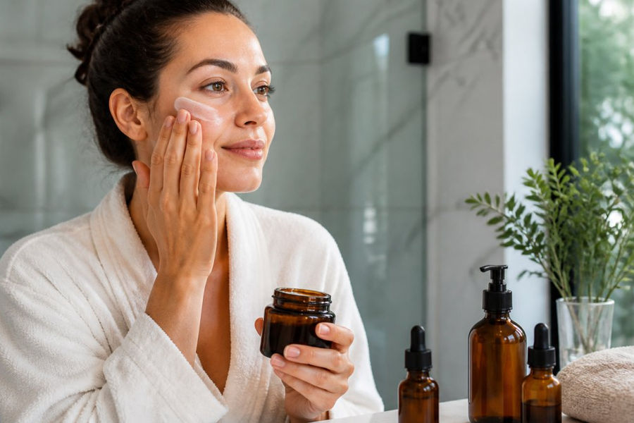 Woman applying best vegan skincare for dry skin in a bright bathroom with amber bottles and a soft towel
