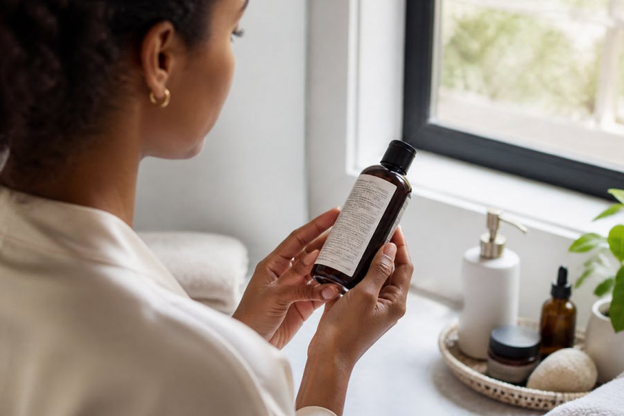 Close-up of a woman's hands holding a skincare bottle, reading the ingredient list on the back label in soft natural light near a bathroom window