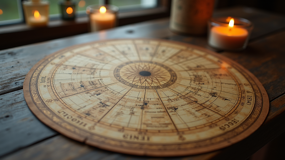 Eye-level view of a celestial map depicting astrological signs