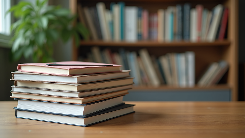 Close-up view of a stack of educational books on a wooden table