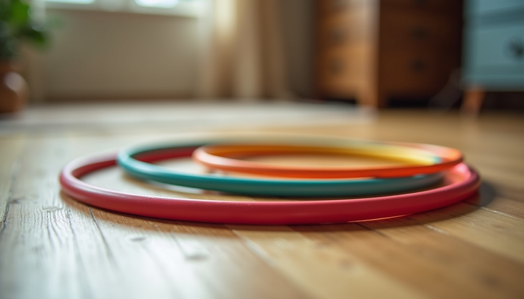 Close-up view of a colorful hula hoop resting on a wooden floor