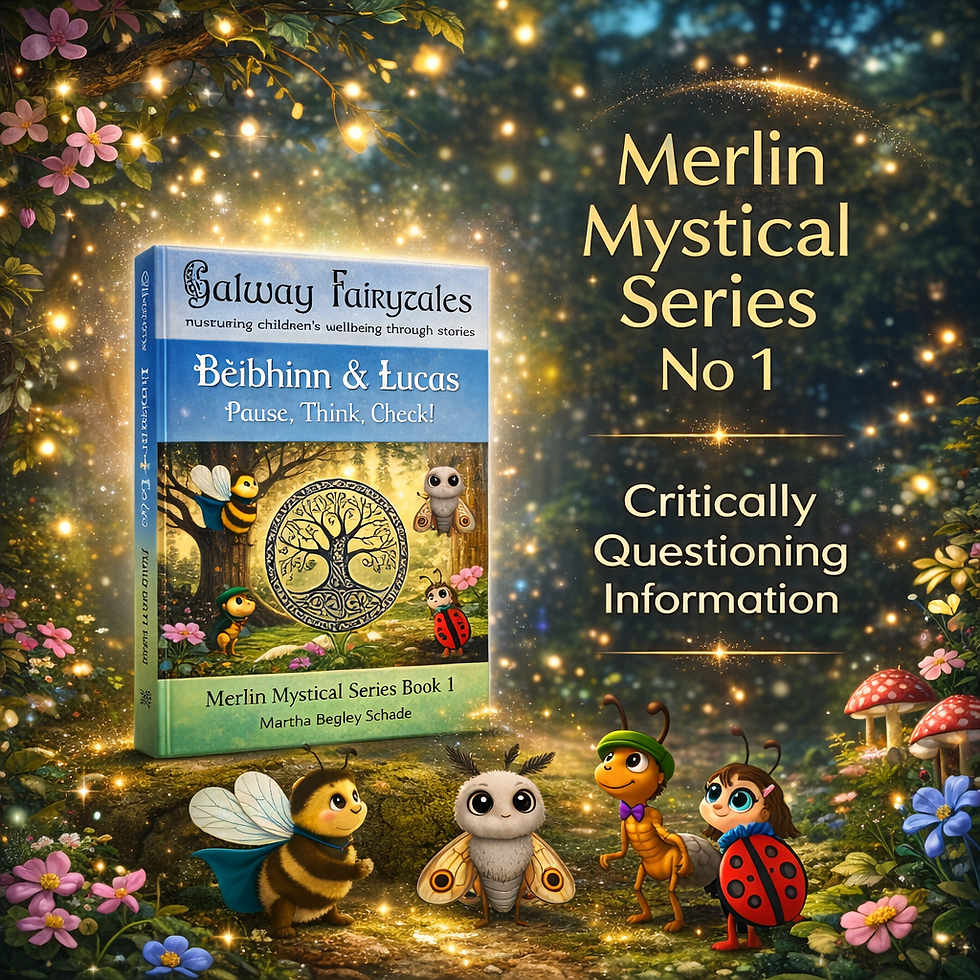 Cover picture of book in a magical woods with characters in the story. Béibhinn & Lucas. Critically Questioning Information.