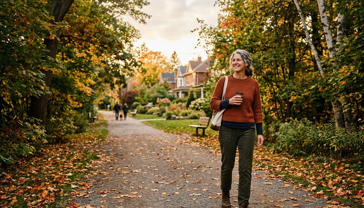 Wide-angle view of a person walking along a quiet tree-lined path in soft afternoon light.