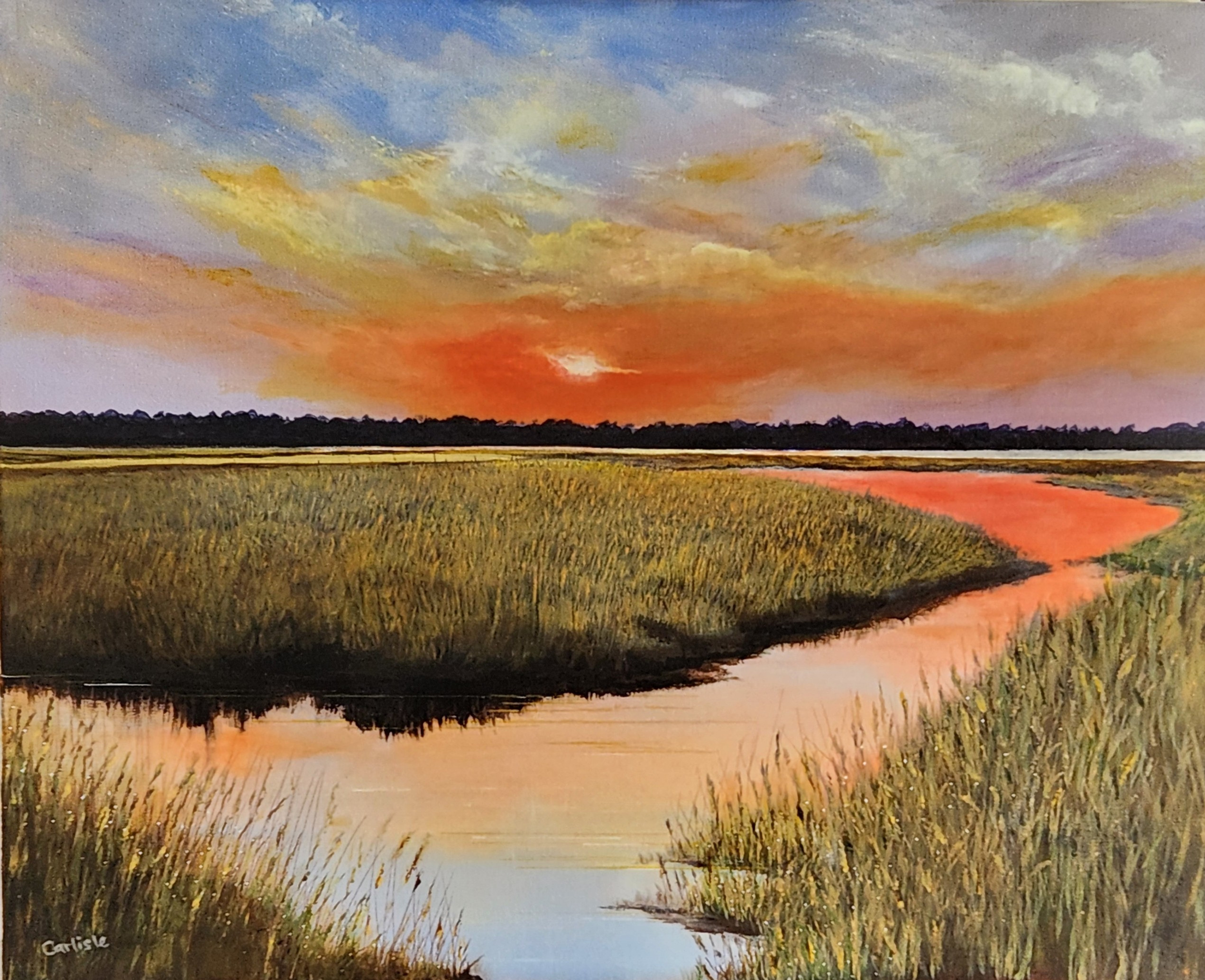 Acrylic painting Passaage sunrise over Hammonasset marsh with soft pastels, reflective water and quiet grasses.