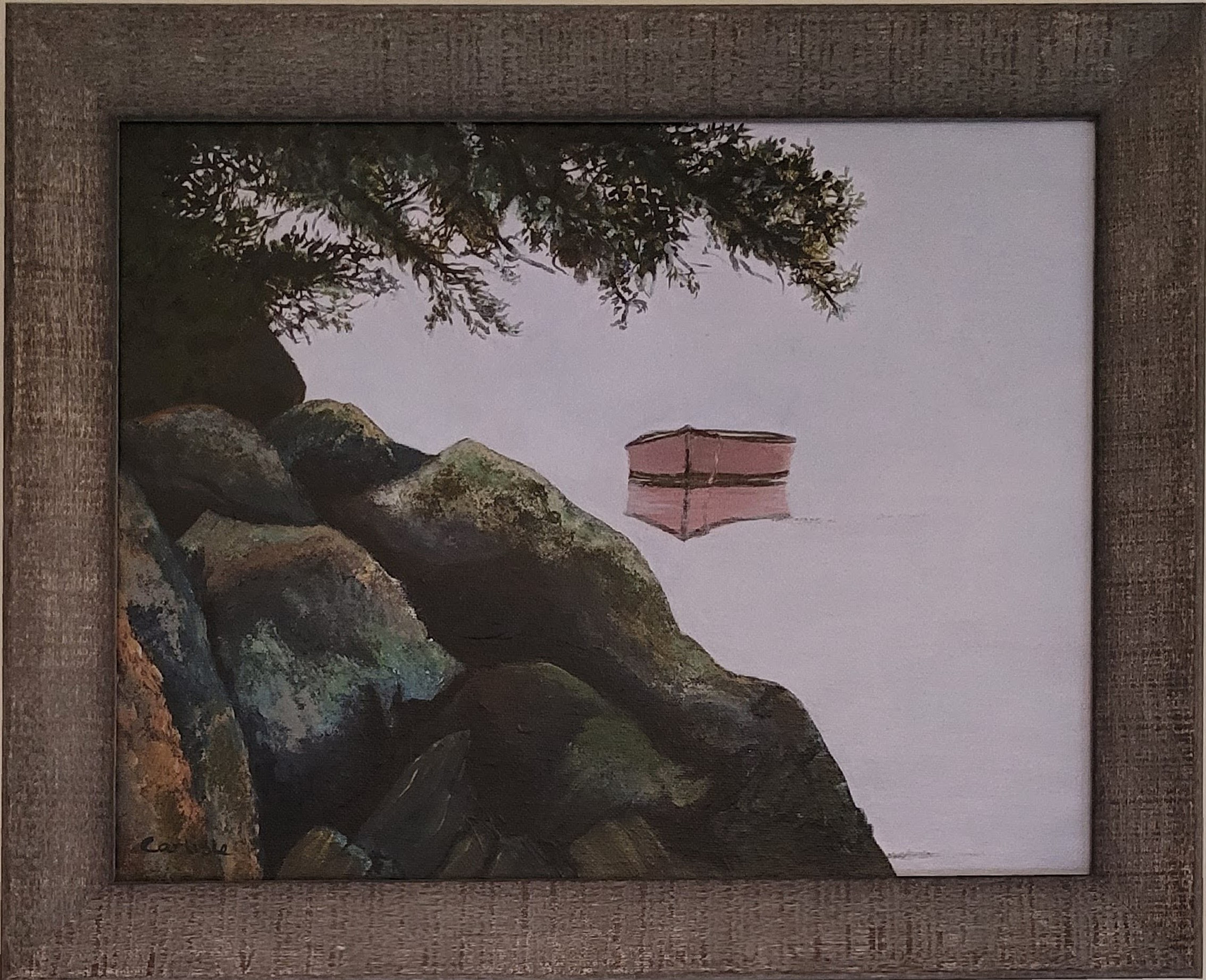 Original acrylic painting of a pink boat moored off shore on a foggy morning in Maine