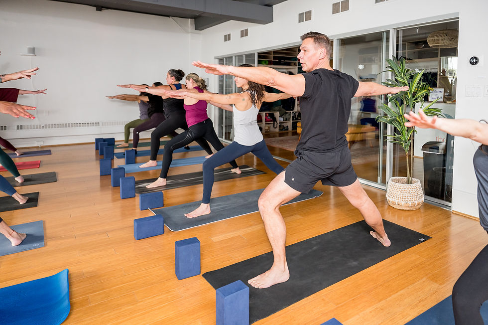 Tall man in Warrior I pose at Three Birds Yoga Studio, with students practicing in a row behind him.