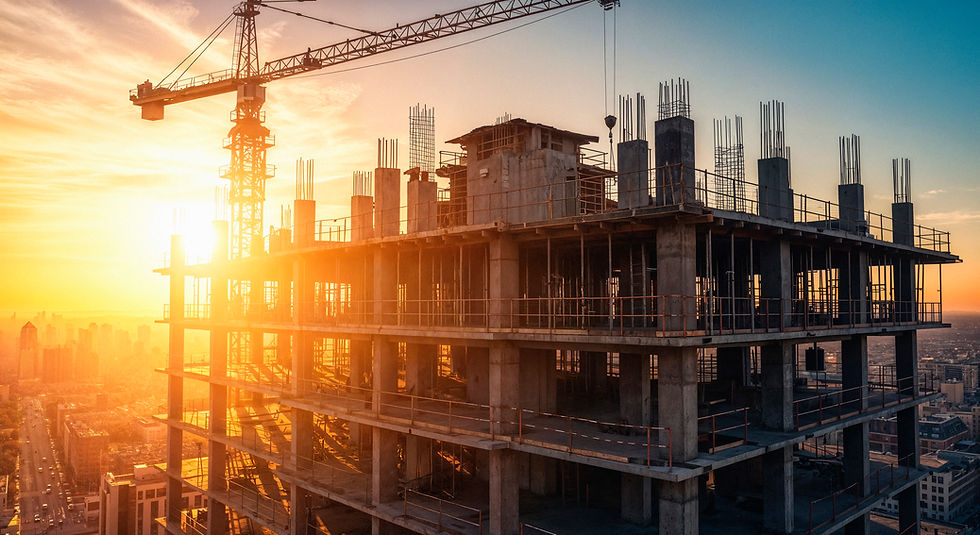 Construction site with building and crane at sunrise