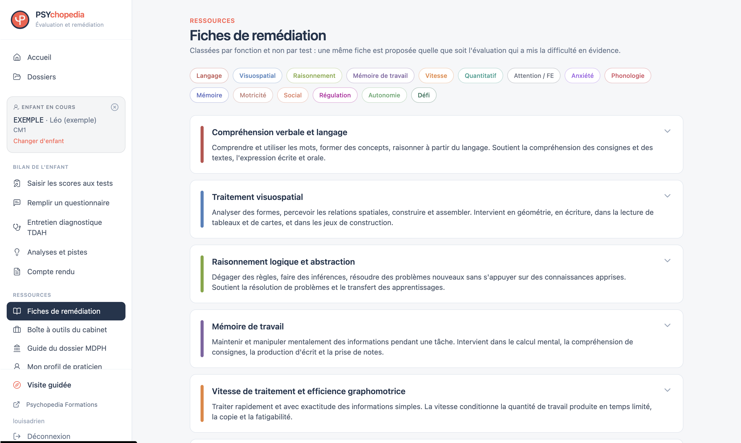 Fiches de remédiation dans l’application PSYchopedia