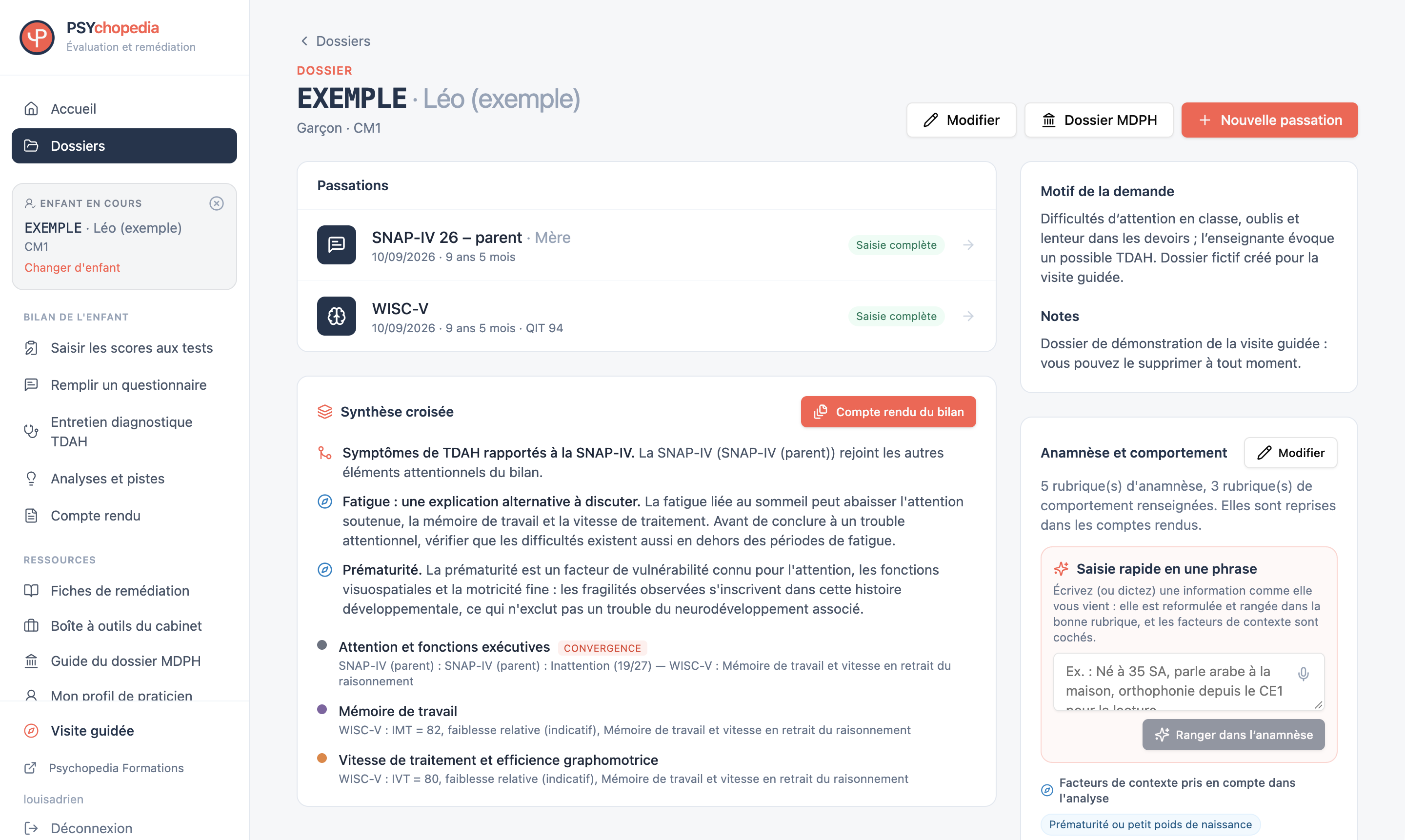 Un dossier d’exemple dans l’application PSYchopedia — dossier fictif de démonstration