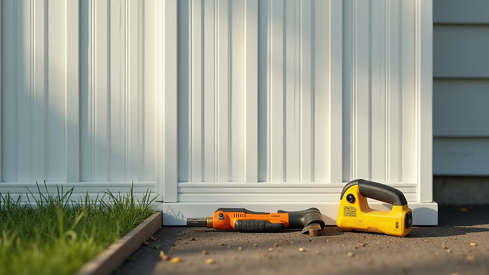 Eye-level view of vinyl fence panel with repair tools nearby