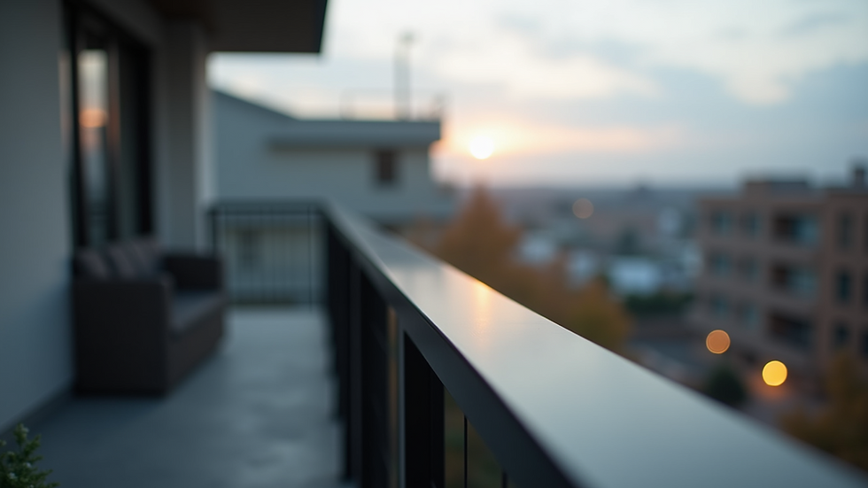 Eye-level view of sleek black aluminum railing on a residential balcony