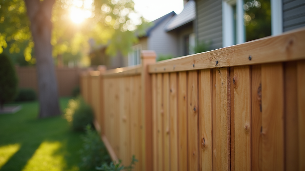 Eye-level view of a wooden fence with natural finish in a residential backyard