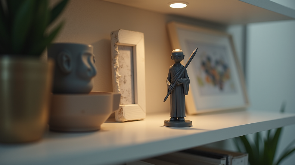 Eye-level view of a 3D printed custom figurine on a shelf