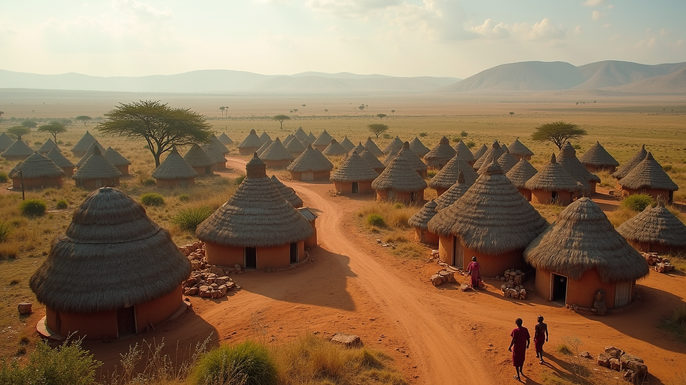 High angle view of a traditional Maasai village with colorful huts and surrounding landscape