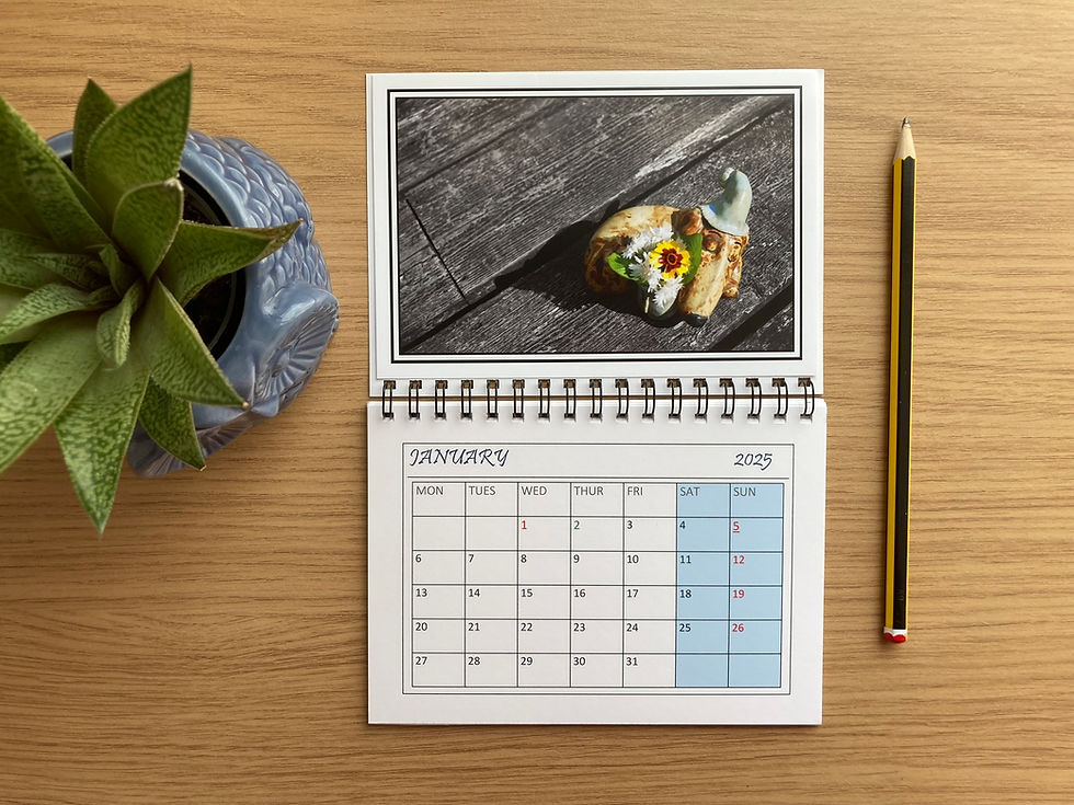 Thumbnail: Magnetic fridge calendar with ceramic dog photo on wooden background