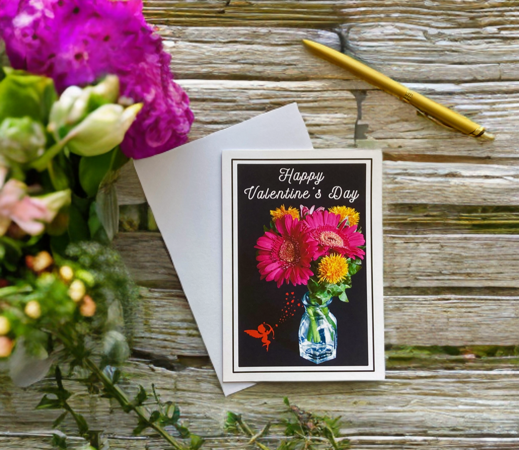 Happy Valentine's Day card with flowers and angel