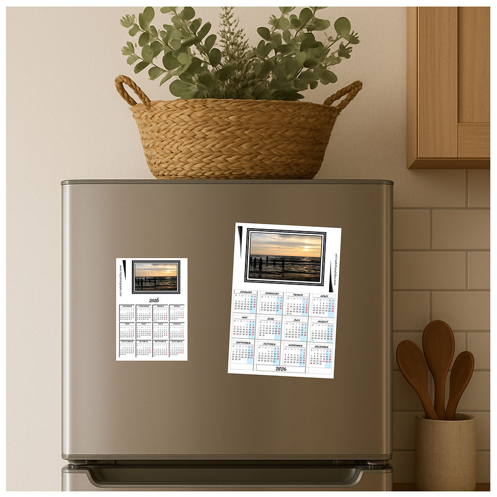 Two landscape photography calendar magnets on a fridge, with visible text for 2026.