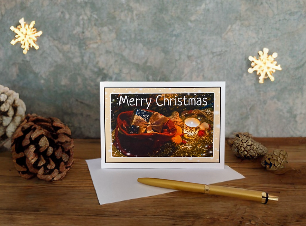 Thumbnail: Merry Christmas card with gifts and candle, white envelope, Christmassy background scene