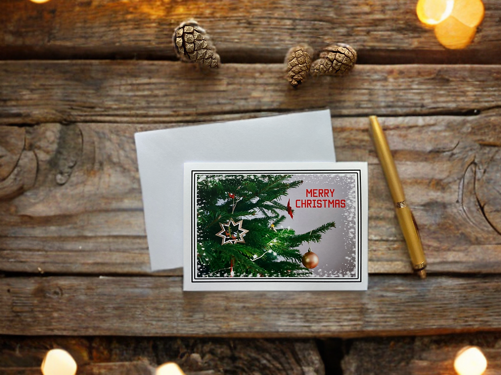 Thumbnail: Christmas card with tree and "Merry Christmas" on the wooden surface