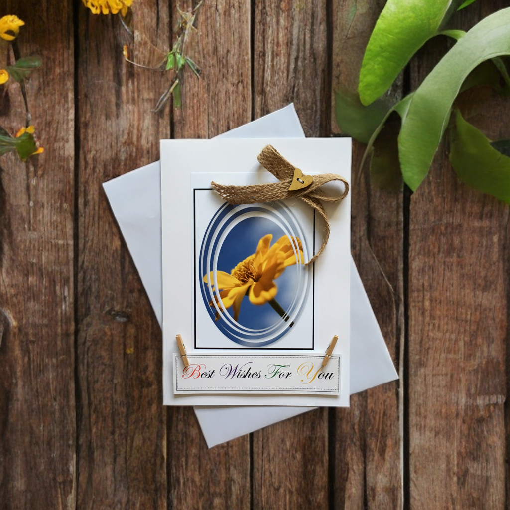 Personalised Mother's Day card with with yellow daisy, 3D 'Best wishes for you' message and handmade bow with wooden heart