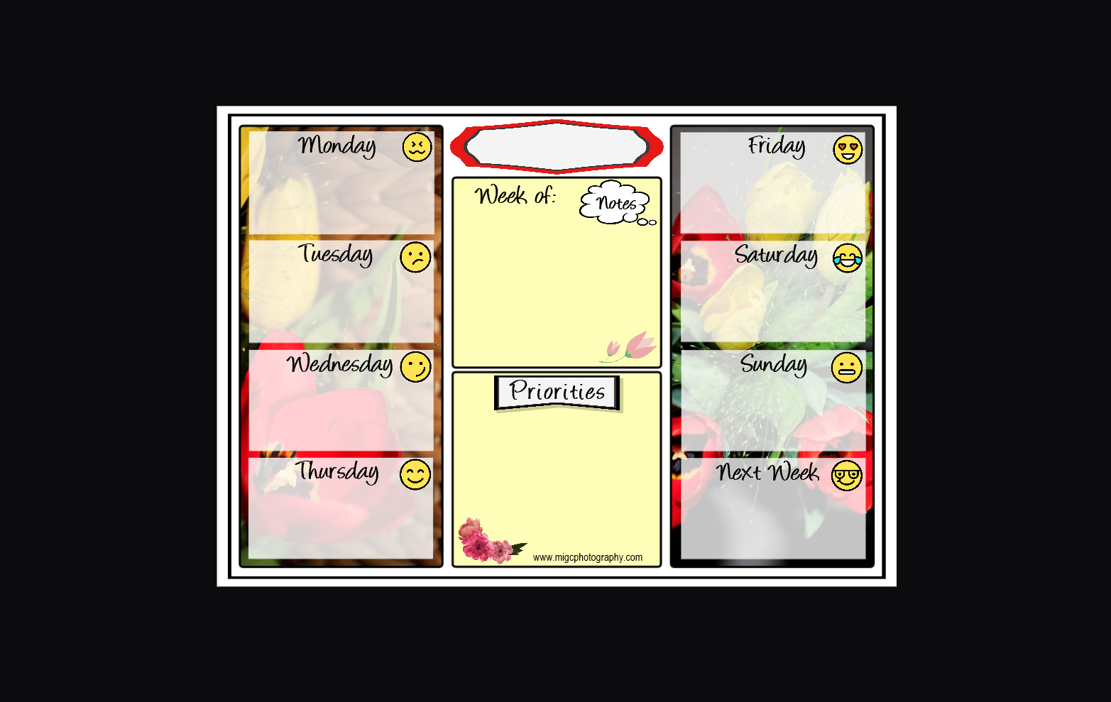 Screenshot of Digital Weekly Planner with Tulip Photographs on Black Background, Featuring Weekly Days with Smiley Faces Describing Mood and Boxes for Notes