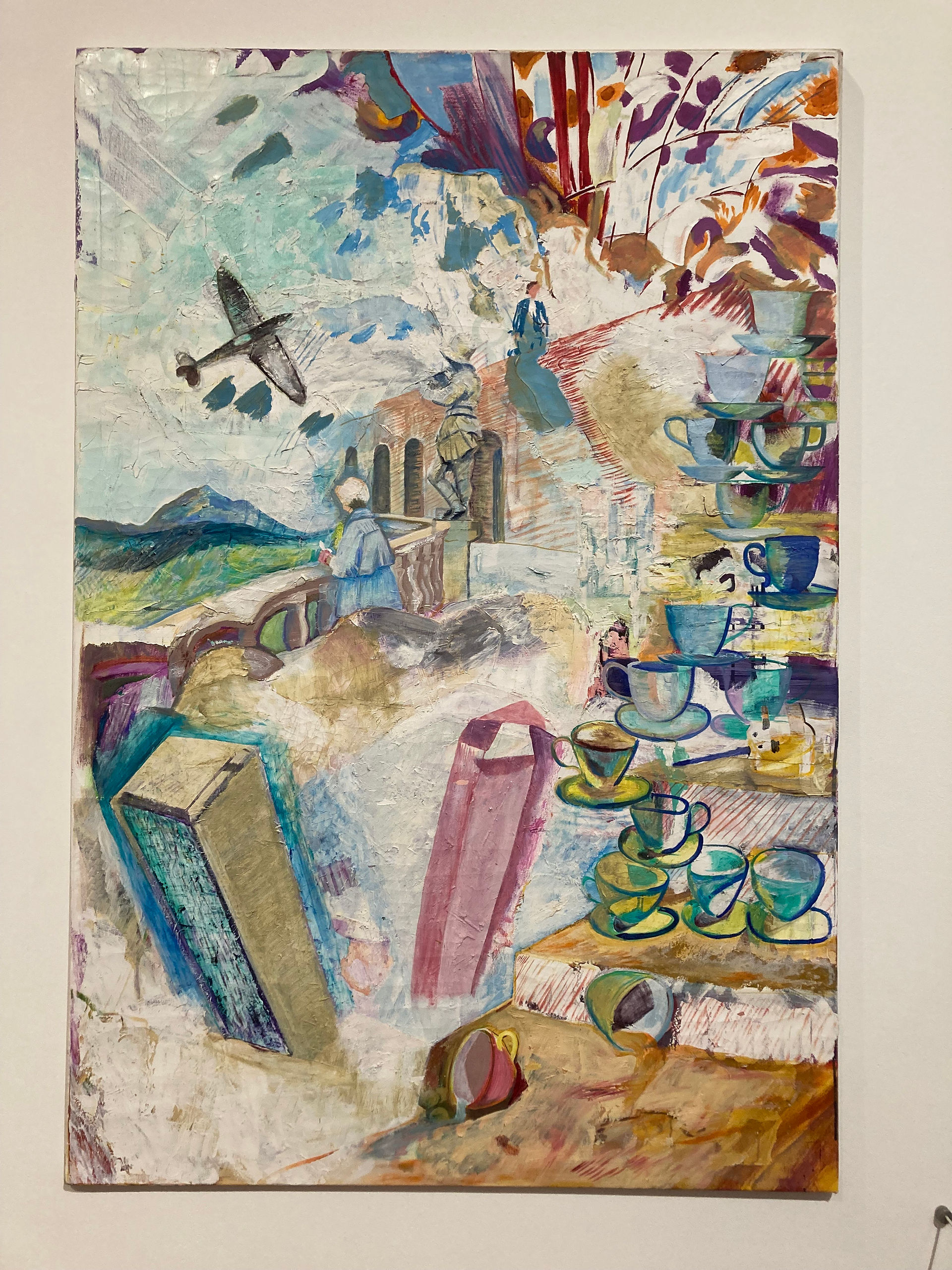 Surreal painting: plane, cups, books, figures