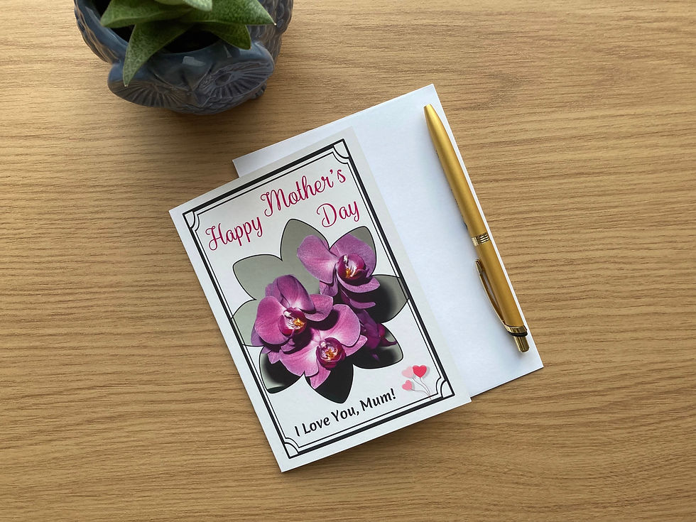 Thumbnail: Happy Mother's Day A6, magenta orchid photograph in the middle, greeting card next to flower pot, envelope and golden pen on the table