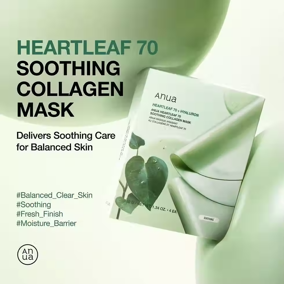 Miniature : Produit skincare ANUA Heartleaf 70 Soothing Collagen Mask ouvert, texture du masque visible.