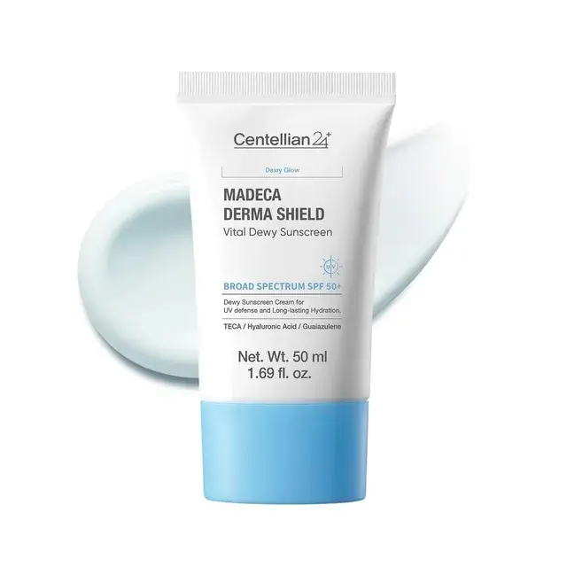 CENTELLIAN24 Madeca Derma Shield Safe Moisture Sun Cream tube de 50ml sur fond blanc studio