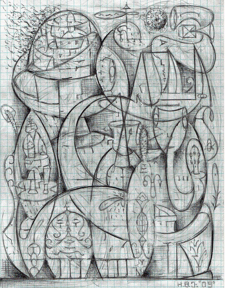 Howard Johnson - St. Messiah for Salvation of Notre Dame - graphite on graph paper, 2005-present and beyond... Notre Dame as Einstein Rosen Bridge and Paradox; portal to alternate realities , bubble universes, inter dimensional worlds and all heavans