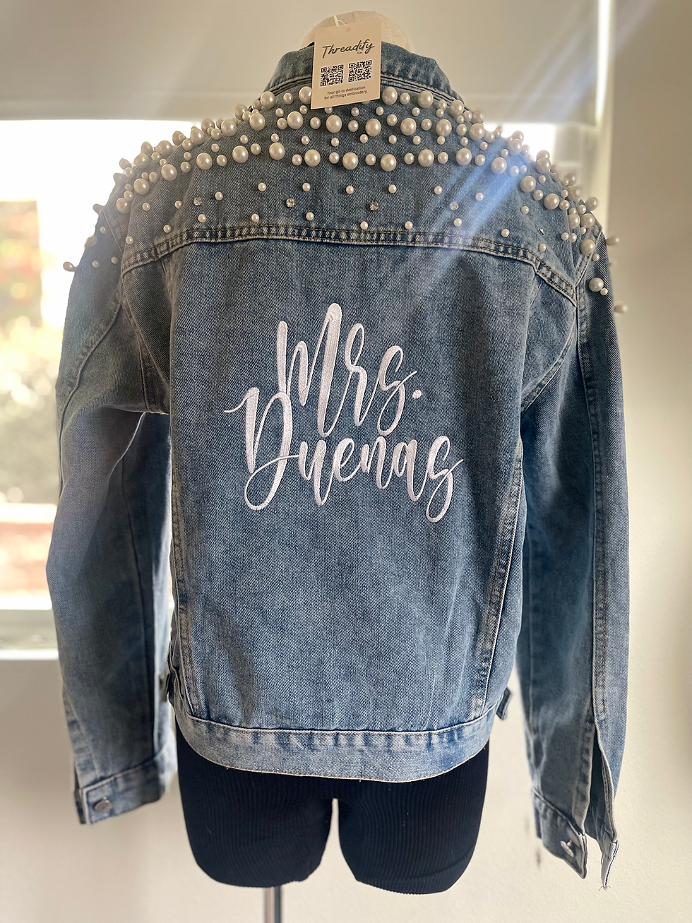 Thumbnail: Personalized Embroidered Pearl Bride Denim Jacket