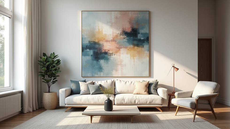 Eye-level view of a large abstract canvas art in a modern living room